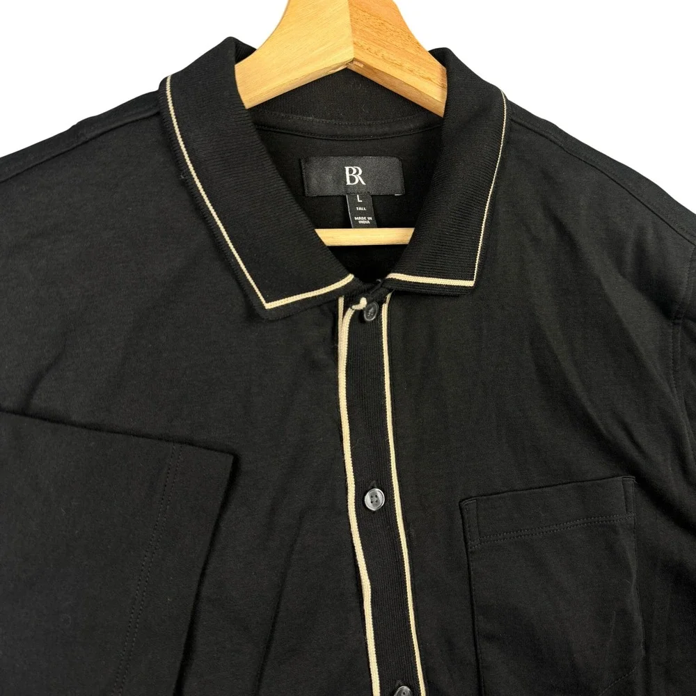 Banana Republic Mens Large Tall Black Tipped Full Button 100% Cotton Polo Shirt